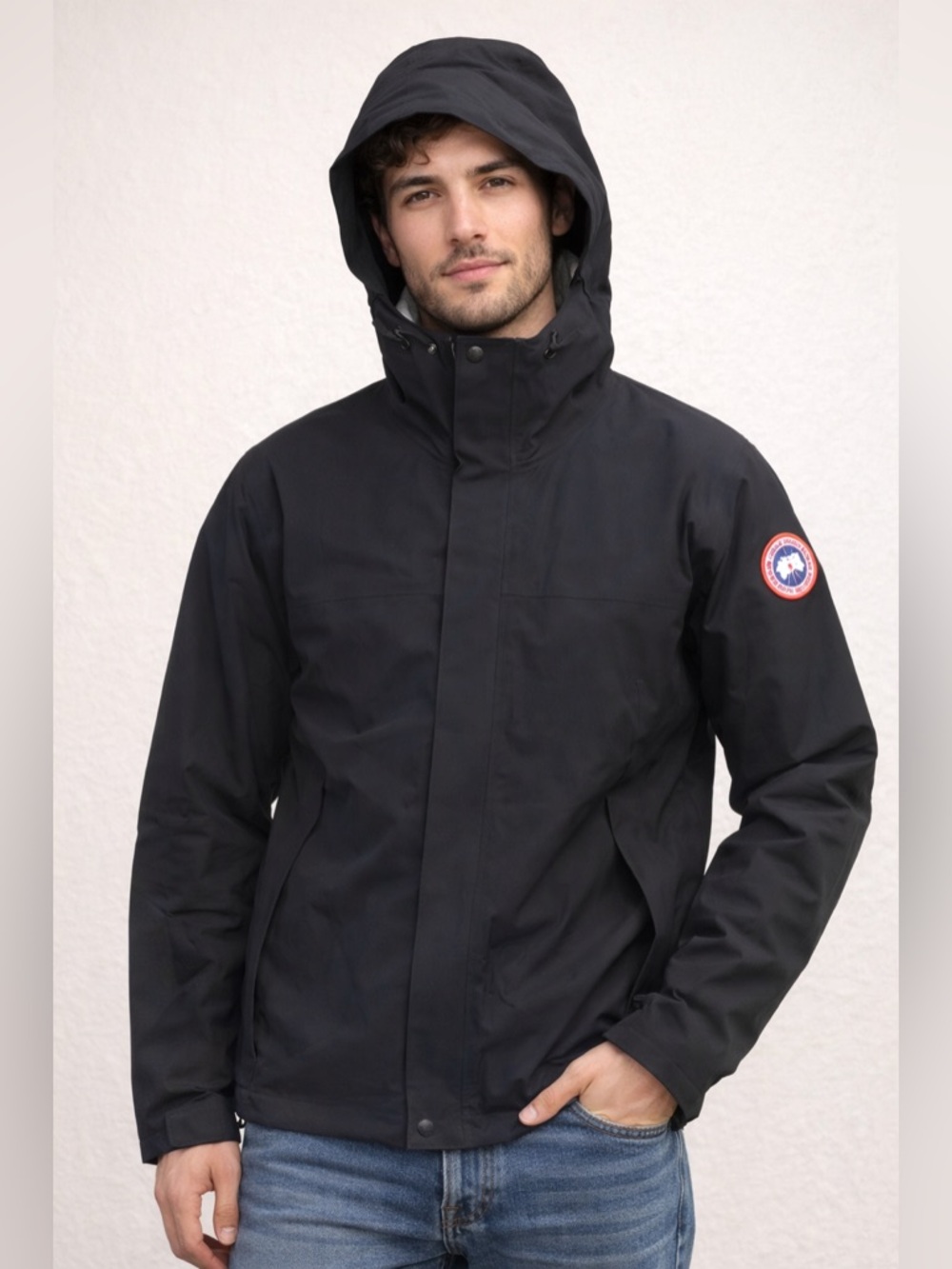 Canada Goose Black Hooded Raincoat with Sleeve Patch - Men's Waterproof Jacket